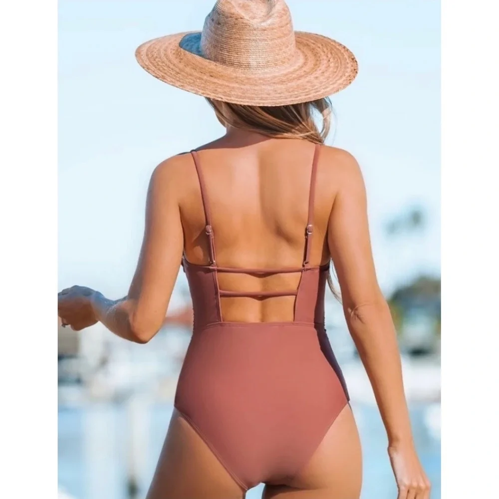 Cupshe Sandy Daze Shirred Ruched One Piece Swimsuit Brick Red NWT S
